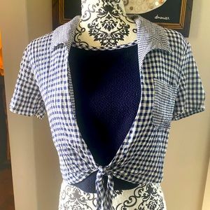 Vintage Jayden T Blue and White Gingham Tie Shirt size Petite Medium